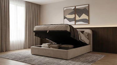 306037BEIQ  Anders Upholstered Queen Storage Lift Platform Bed Beige