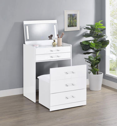 930208  Danbury 3-drawer Makeup Vanity & Stool Set White High Gloss