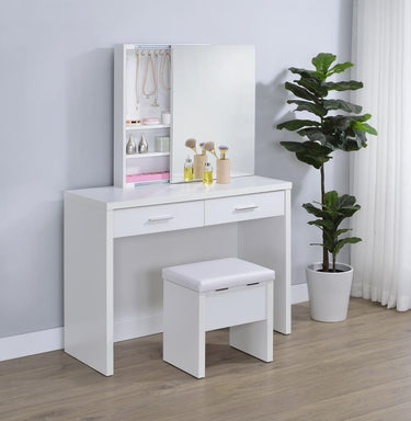 930280  Bunbury Makeup Vanity Table Set Storage Mirror and Stool White